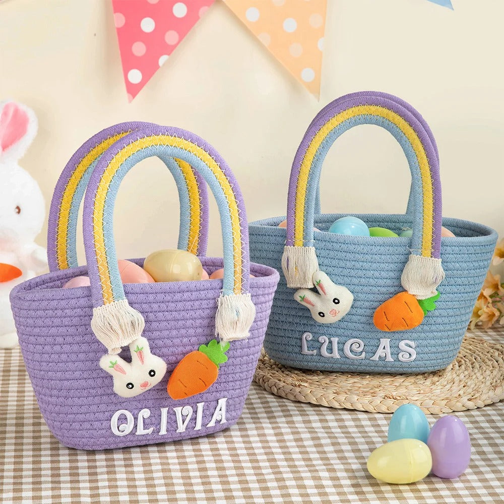 Personalized Cute Easter Rabbit Carrot Woven Basket with Name Easter Egg Hunts Party Favor Birthday Gift for Kids