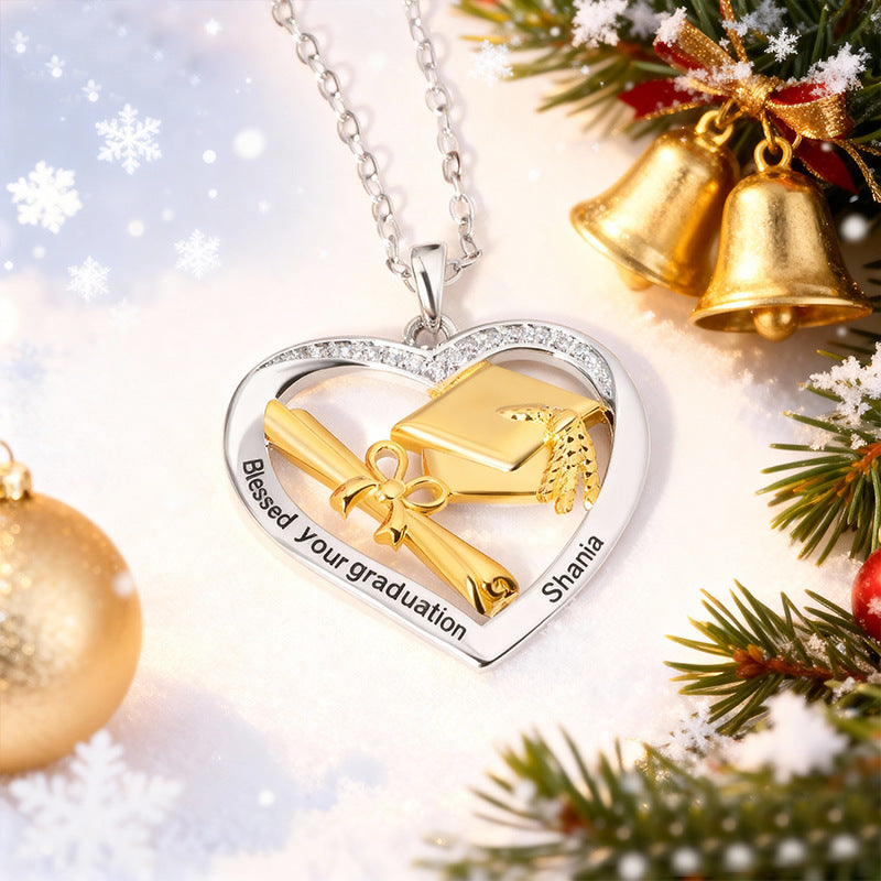 Personalized Heart-shaped Graduation Cap Scroll Necklace with Zircon and Engraved Text Graduation Gift for Graduates Women