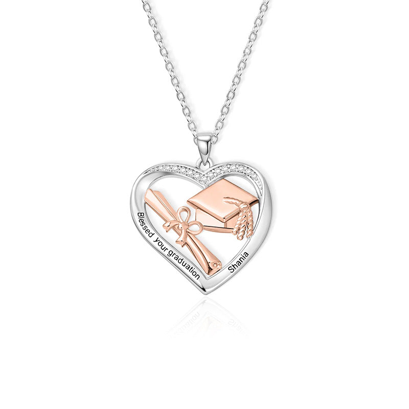 Personalized Heart-shaped Graduation Cap Scroll Necklace with Zircon and Engraved Text Graduation Gift for Graduates Women