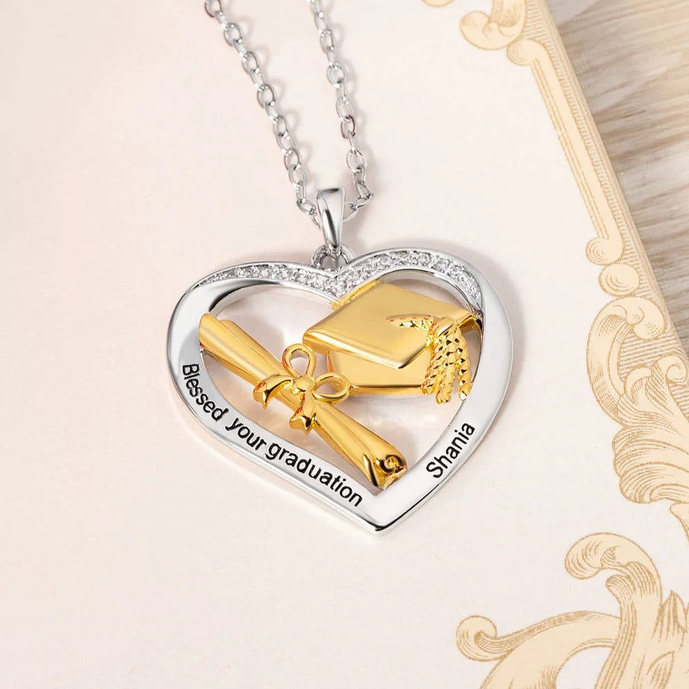 Personalized Heart-shaped Graduation Cap Scroll Necklace with Zircon and Engraved Text Graduation Gift for Graduates Women