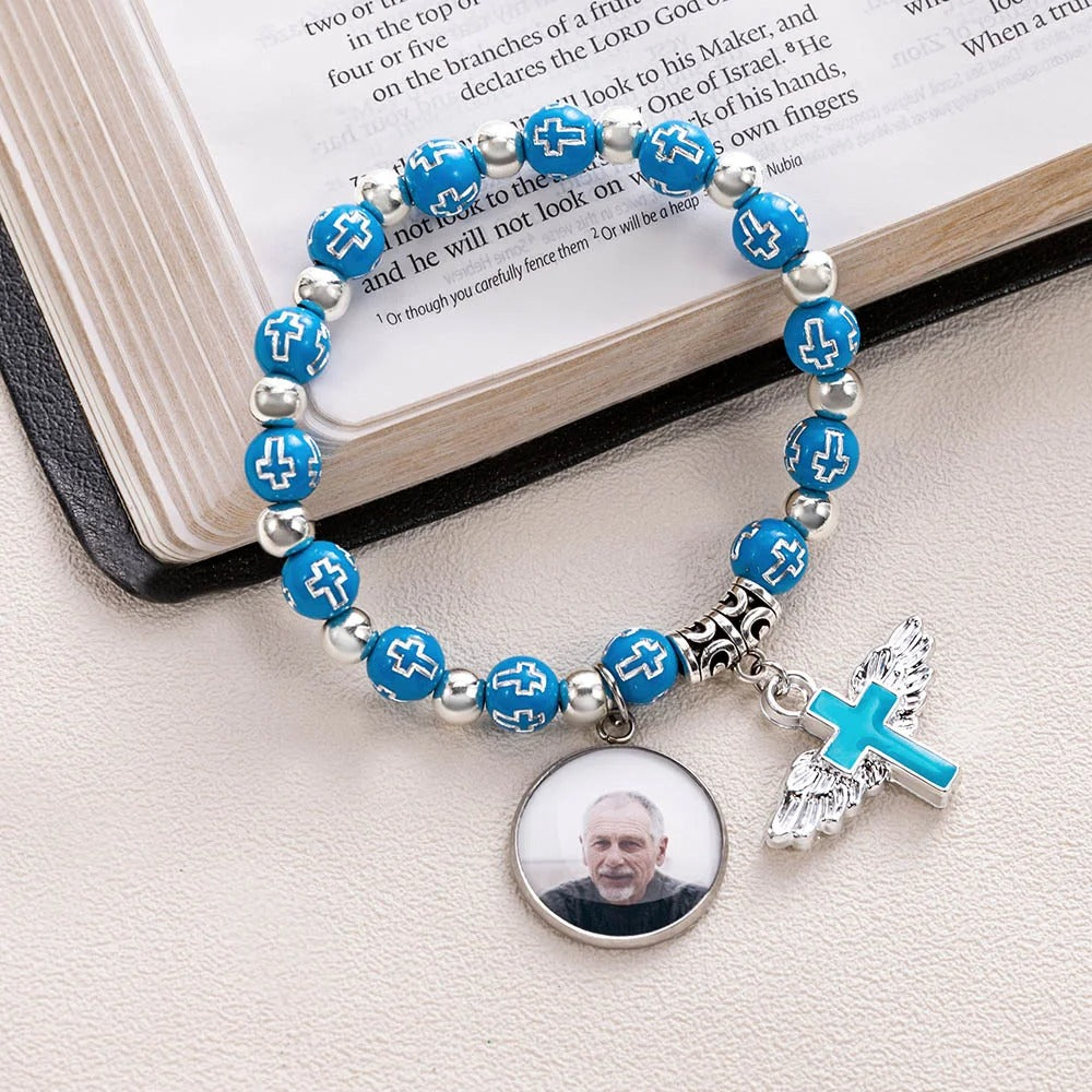 Personalized Cross Elastic Cord Commemorative Bracelet with Photo Religious Christmas Gift for Christian