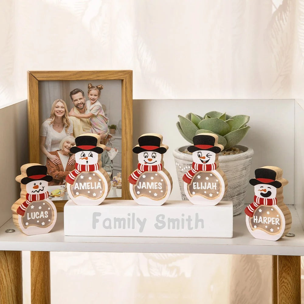Personalized Snowman LED Light Wooden Decoration Ornament with Tabletop Name Block Sign Holiday Party Essentials Winter Christmas Gift for Family Kids