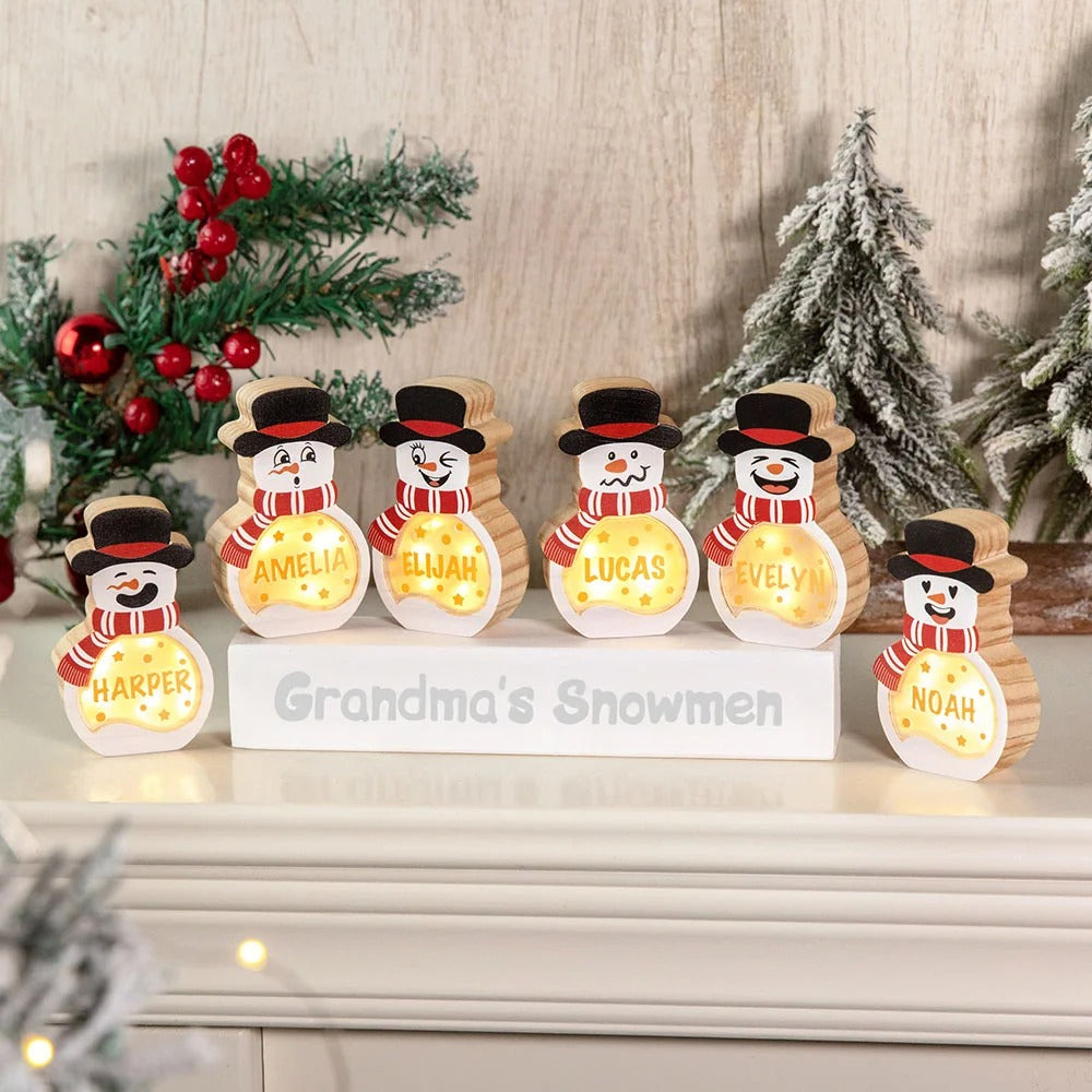 Personalized Snowman LED Light Wooden Decoration Ornament with Tabletop Name Block Sign Holiday Party Essentials Winter Christmas Gift for Family Kids