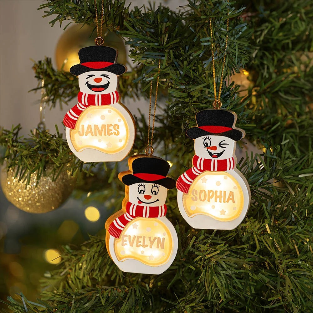 Personalized Cute Snowman LED Light Wooden Christmas Ornament with Name Christmas Tree Stocking Decor Winter Holiday Party Gift for Family Kids