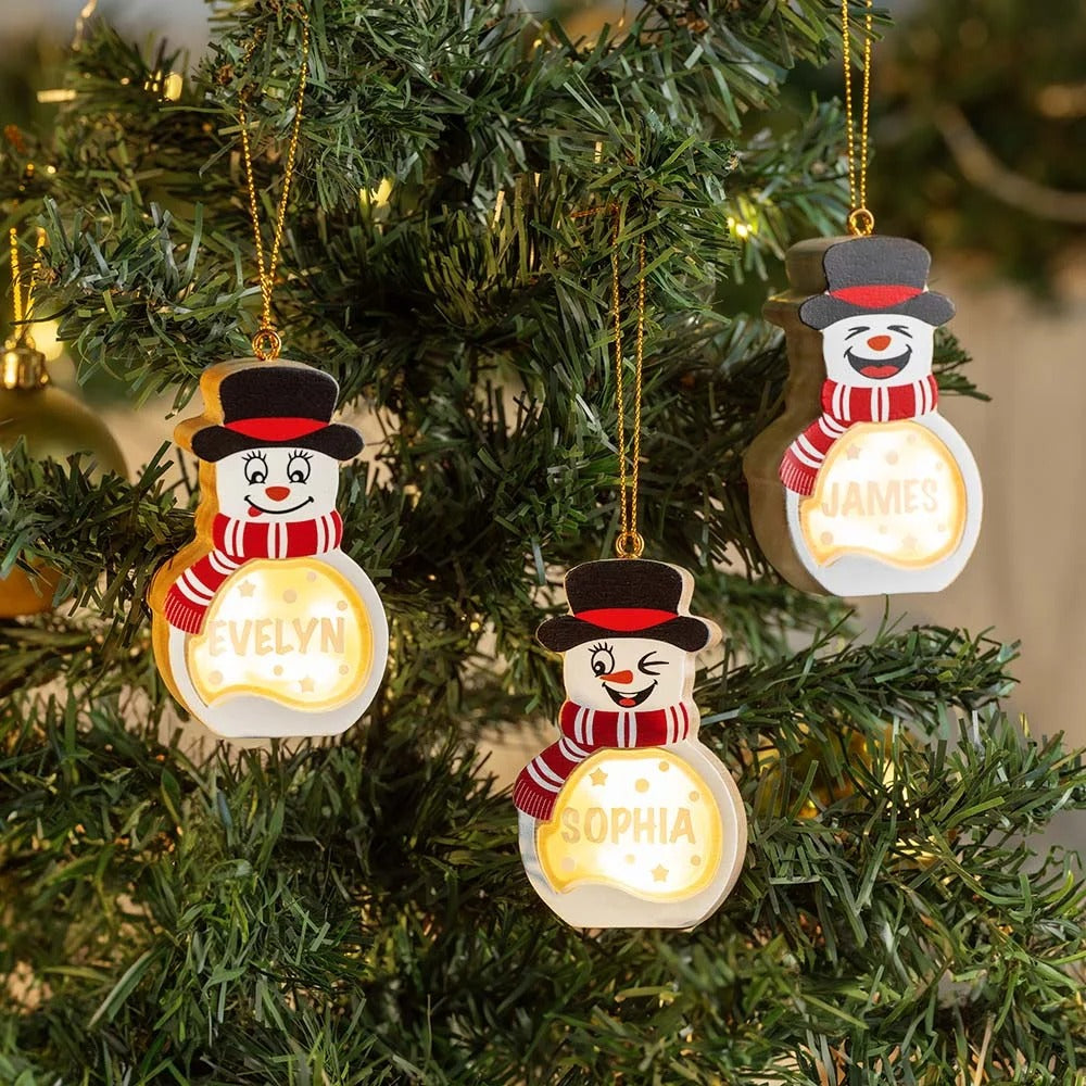 Personalized Cute Snowman LED Light Wooden Christmas Ornament with Name Christmas Tree Stocking Decor Winter Holiday Party Gift for Family Kids