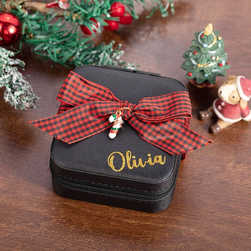 Personalized Christmas Travel Jewelry Case with Christmas Charm & Bow, Custom Glitter Gold Name Leather Jewelry Box, Christmas Gift for Girl/Woman/Her