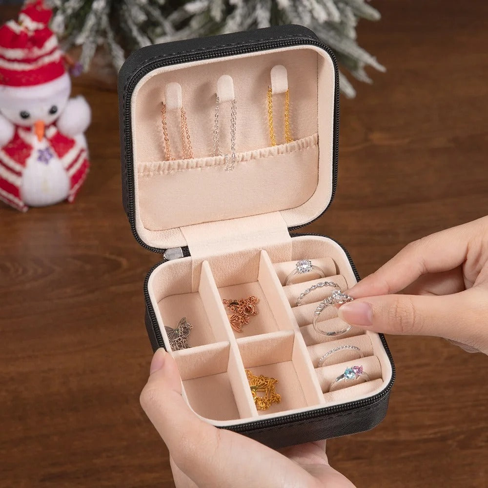 Personalized Christmas Travel Jewelry Case with Christmas Charm & Bow, Custom Glitter Gold Name Leather Jewelry Box, Christmas Gift for Girl/Woman/Her