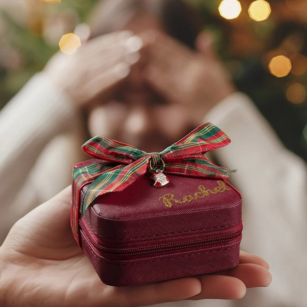 Personalized Christmas Travel Jewelry Case with Christmas Charm & Bow, Custom Glitter Gold Name Leather Jewelry Box, Christmas Gift for Girl/Woman/Her