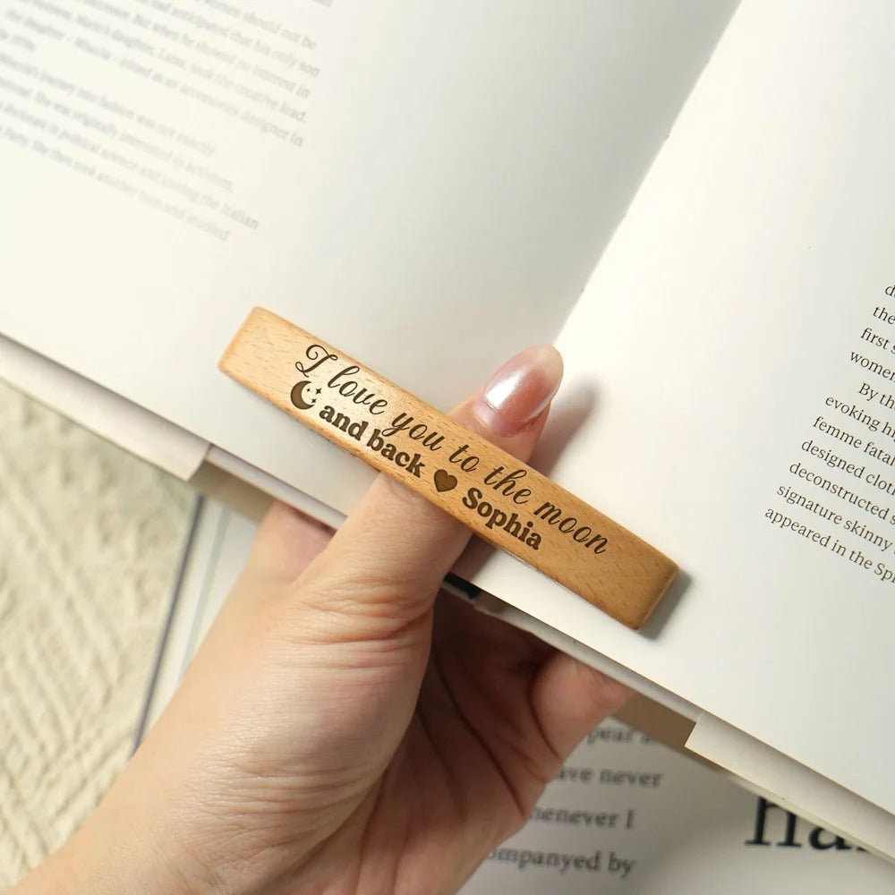 Personalized Minimalist Line Moon Phase Wooden Book Page Holder with Engraved Name Birthday Christmas Book Club Gift for Book Lovers