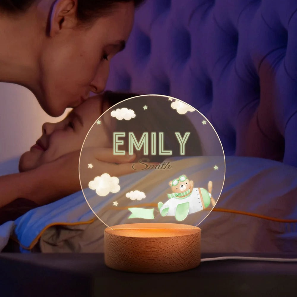 Personalized Watercolor Teddy Bear LED Night Light with Name and Wooden Base Nursery Decor Birthday Gift for Family New Parents Kids