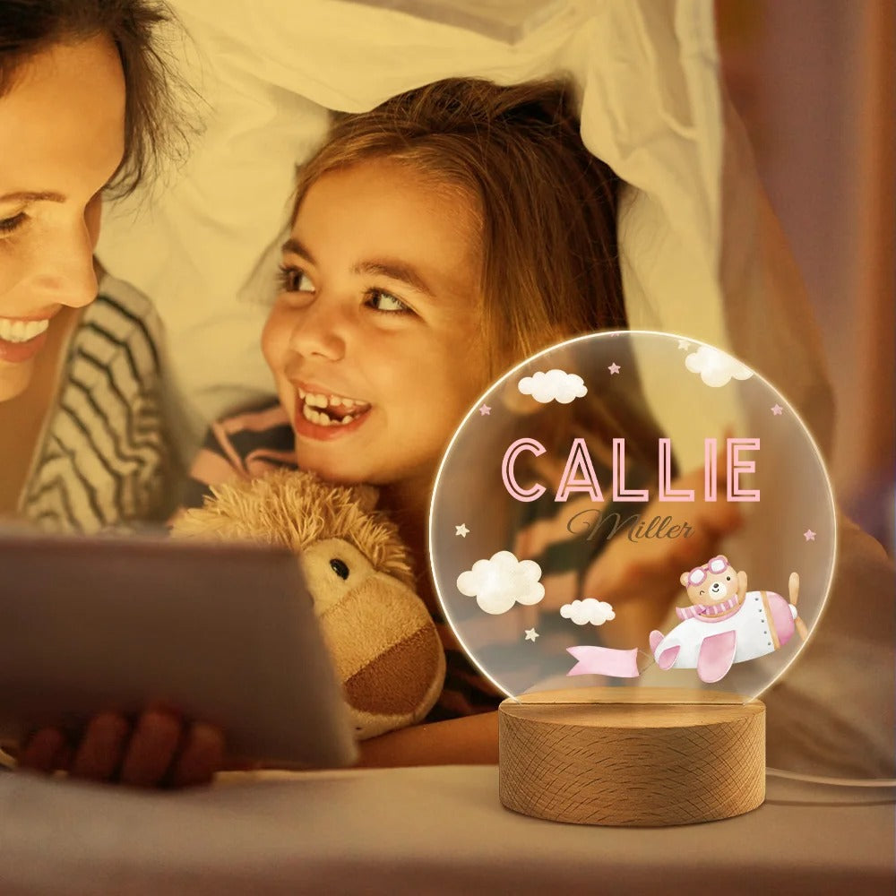 Personalized Watercolor Teddy Bear LED Night Light with Name and Wooden Base Nursery Decor Birthday Gift for Family New Parents Kids