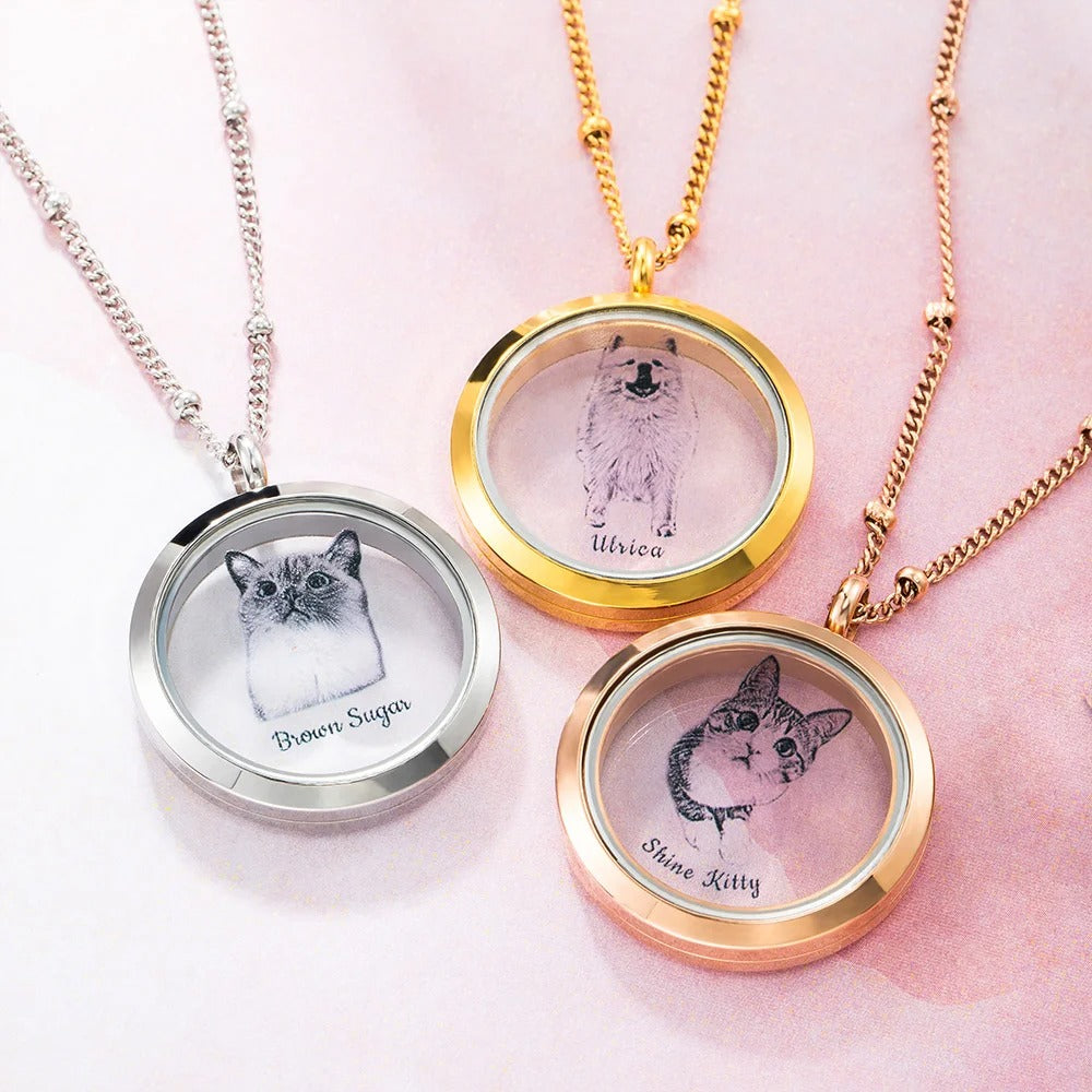 Personalized Pet Fur Keepsake Necklace with Portrait Memorial Jewelry Pet Loss Gift for Her