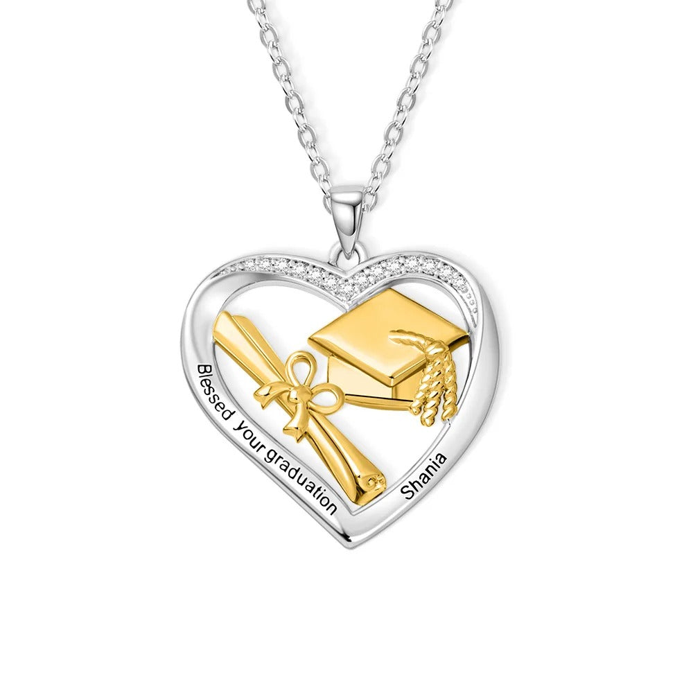 Personalized Heart-shaped Graduation Cap Scroll Necklace with Zircon and Engraved Text Graduation Gift for Graduates Women
