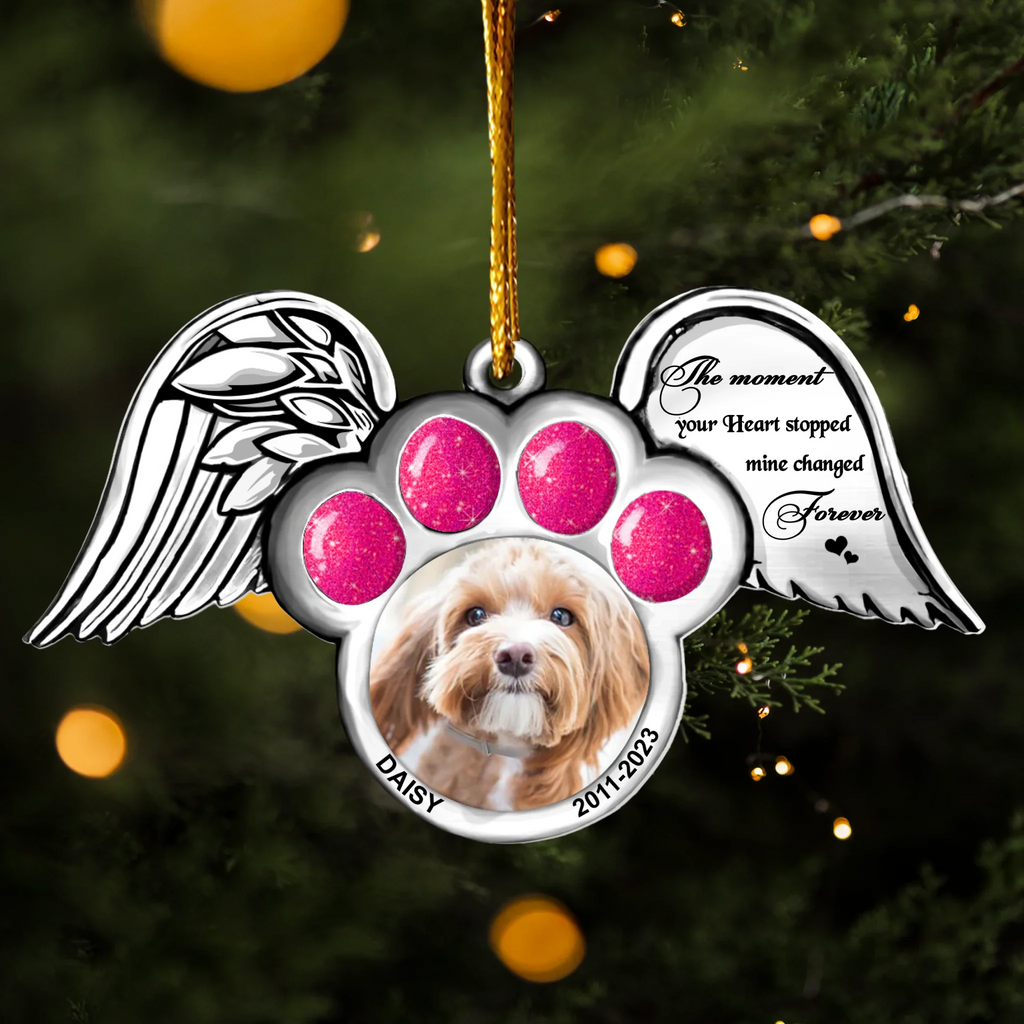 Personalized Memorial Dog Wings Aluminum/Acrylic Ornament - Memorial Gift Idea For Christmas - Upload Pet Photo - The Moment Your Heart Stopped Mine Changed Forever