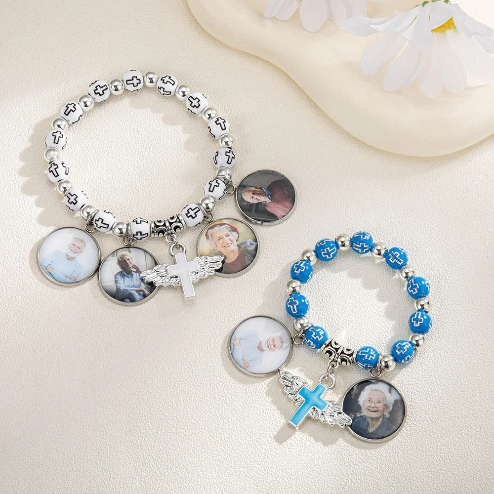 Personalized Cross Elastic Cord Commemorative Bracelet with Photo Religious Christmas Gift for Christian