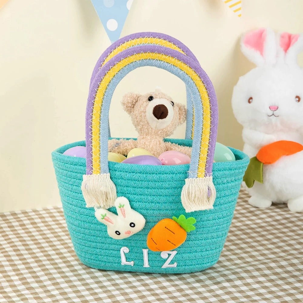 Personalized Cute Easter Rabbit Carrot Woven Basket with Name Easter Egg Hunts Party Favor Birthday Gift for Kids
