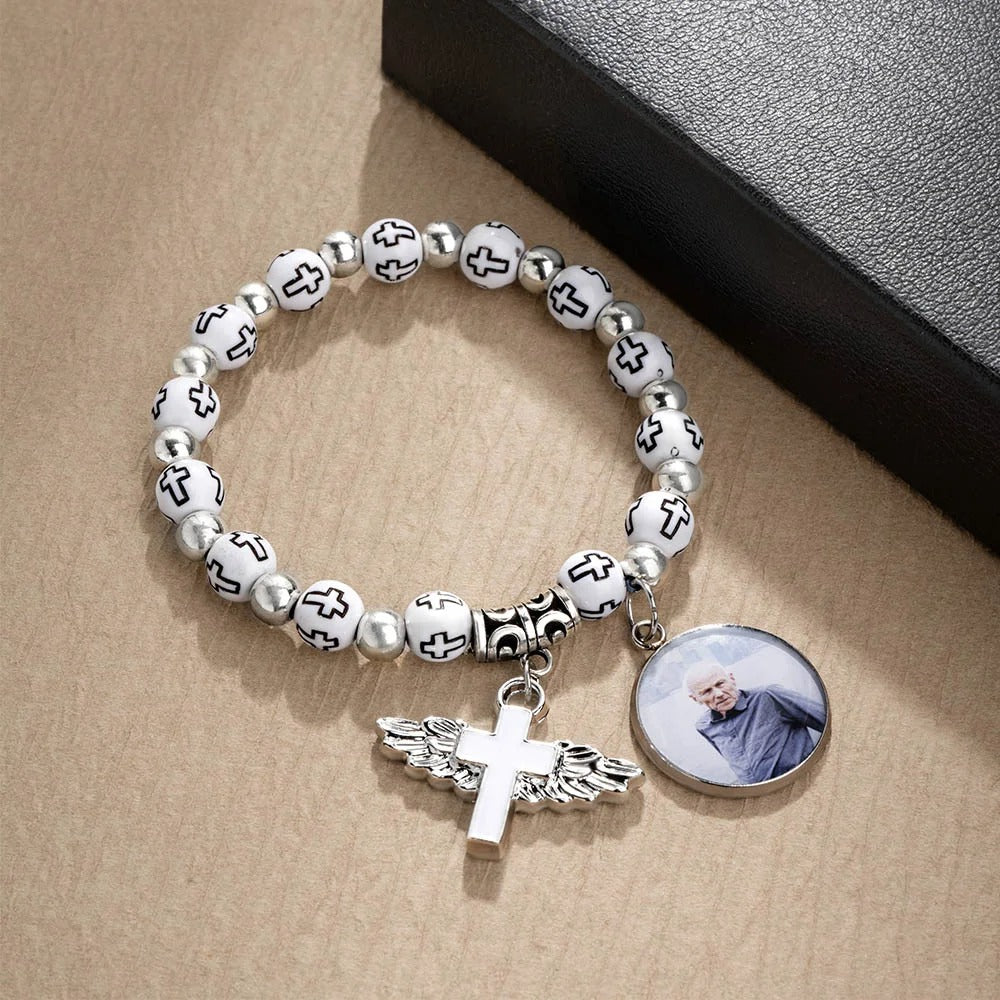 Personalized Cross Elastic Cord Commemorative Bracelet with Photo Religious Christmas Gift for Christian