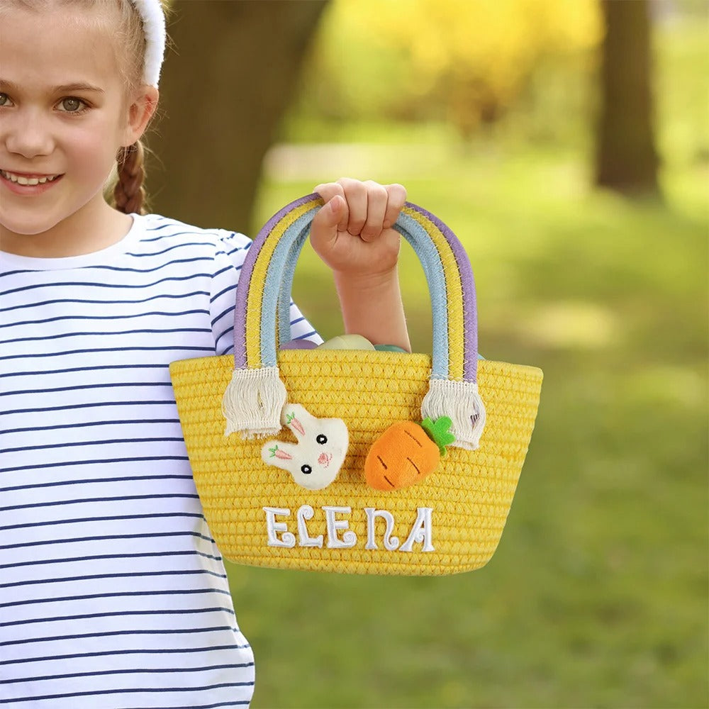 Personalized Cute Easter Rabbit Carrot Woven Basket with Name Easter Egg Hunts Party Favor Birthday Gift for Kids