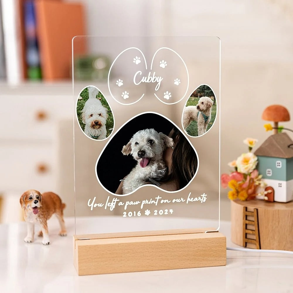 Personalized Pet Paw Print Photo Collage Memorial LED Night Light with Wooden Base Pet Loss Sympathy Gift for Cat Dog Pet Lovers