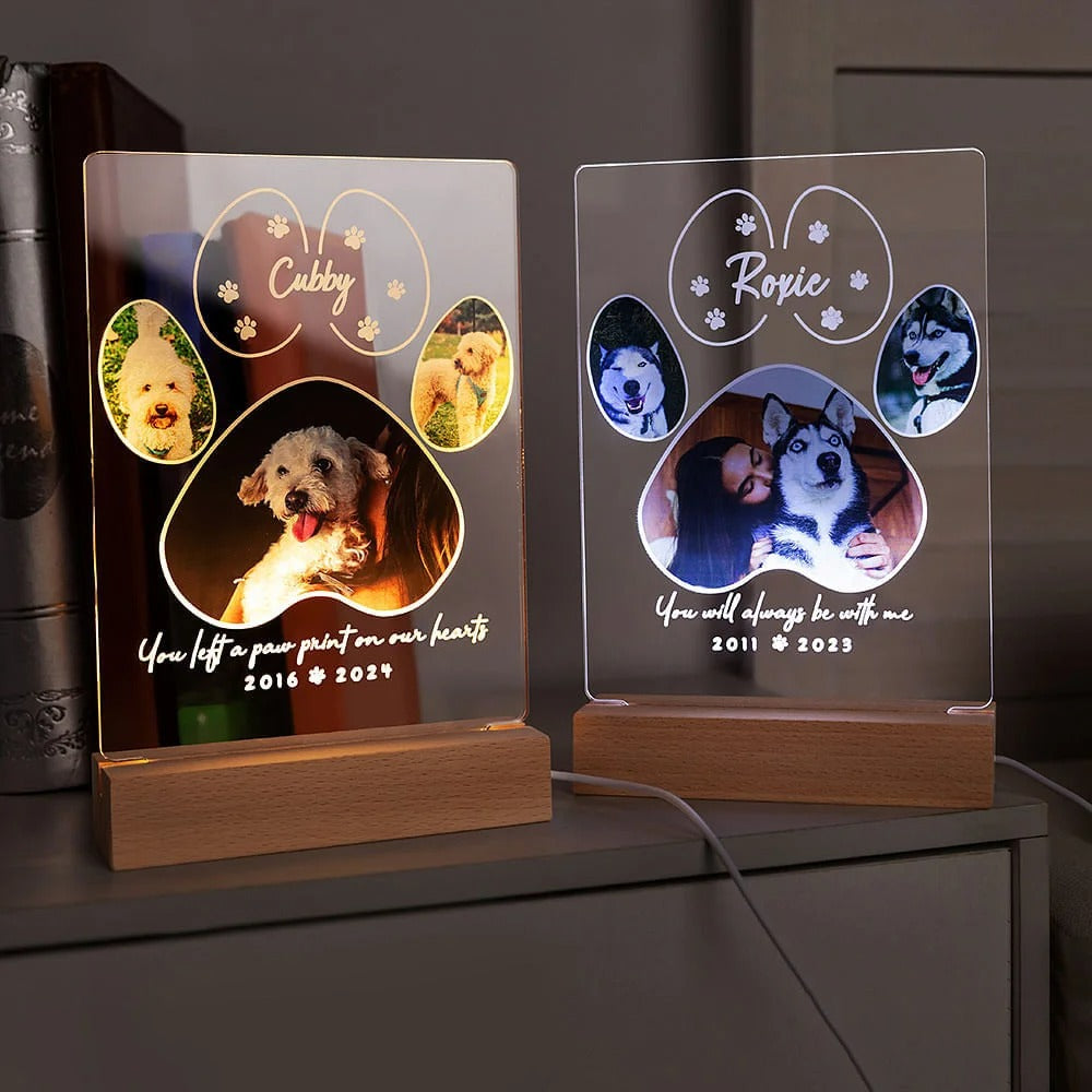 Personalized Pet Paw Print Photo Collage Memorial LED Night Light with Wooden Base Pet Loss Sympathy Gift for Cat Dog Pet Lovers