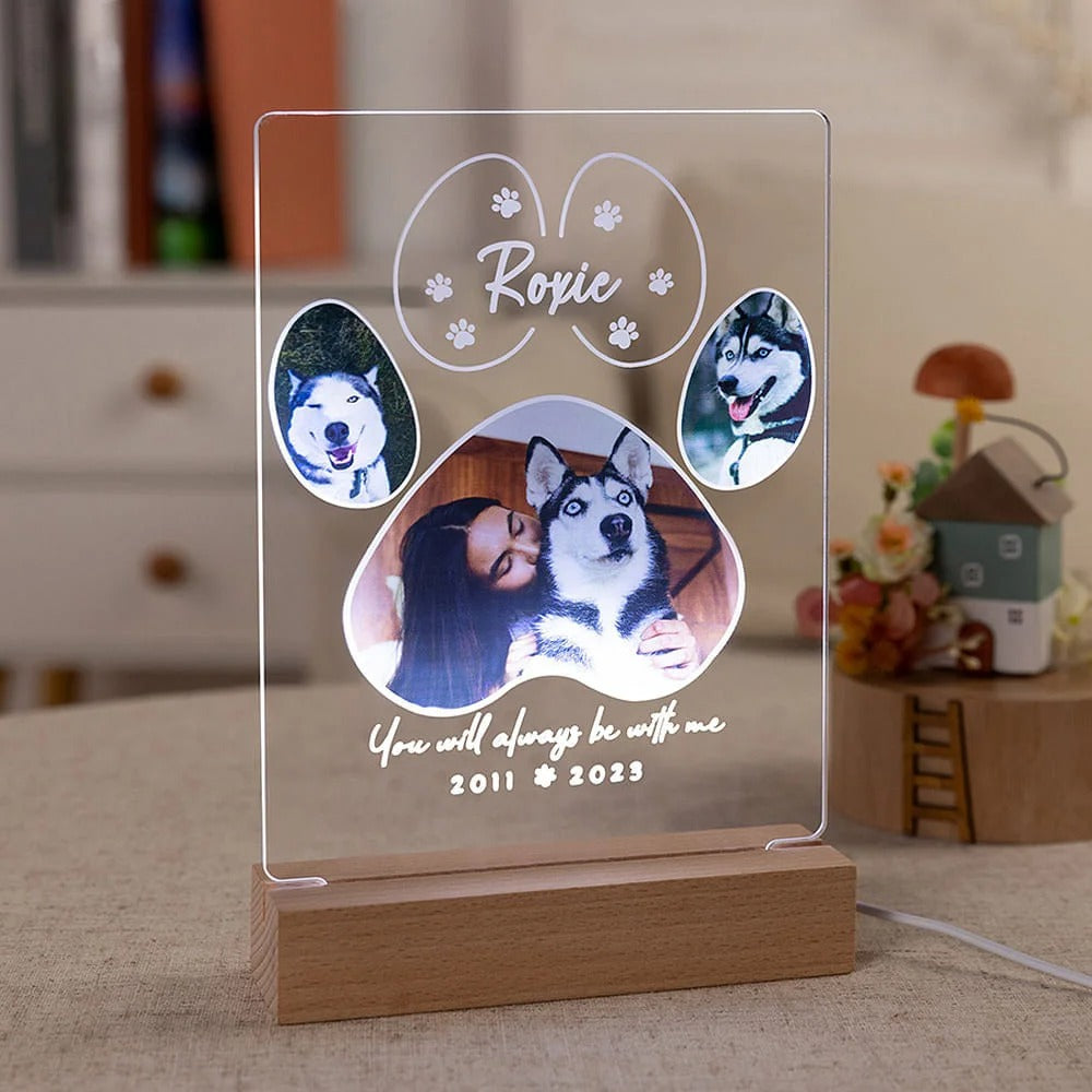 Personalized Pet Paw Print Photo Collage Memorial LED Night Light with Wooden Base Pet Loss Sympathy Gift for Cat Dog Pet Lovers